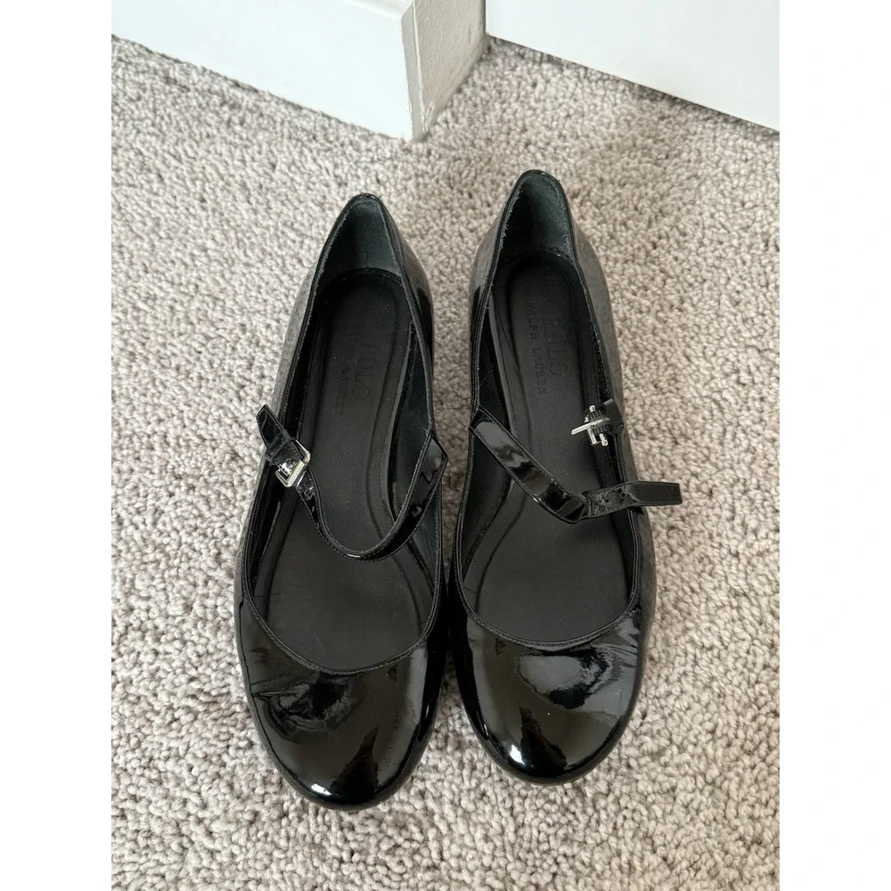 polo ralph lauren mary jane flats black Leather  Size 38 7.5 Preppy Classic